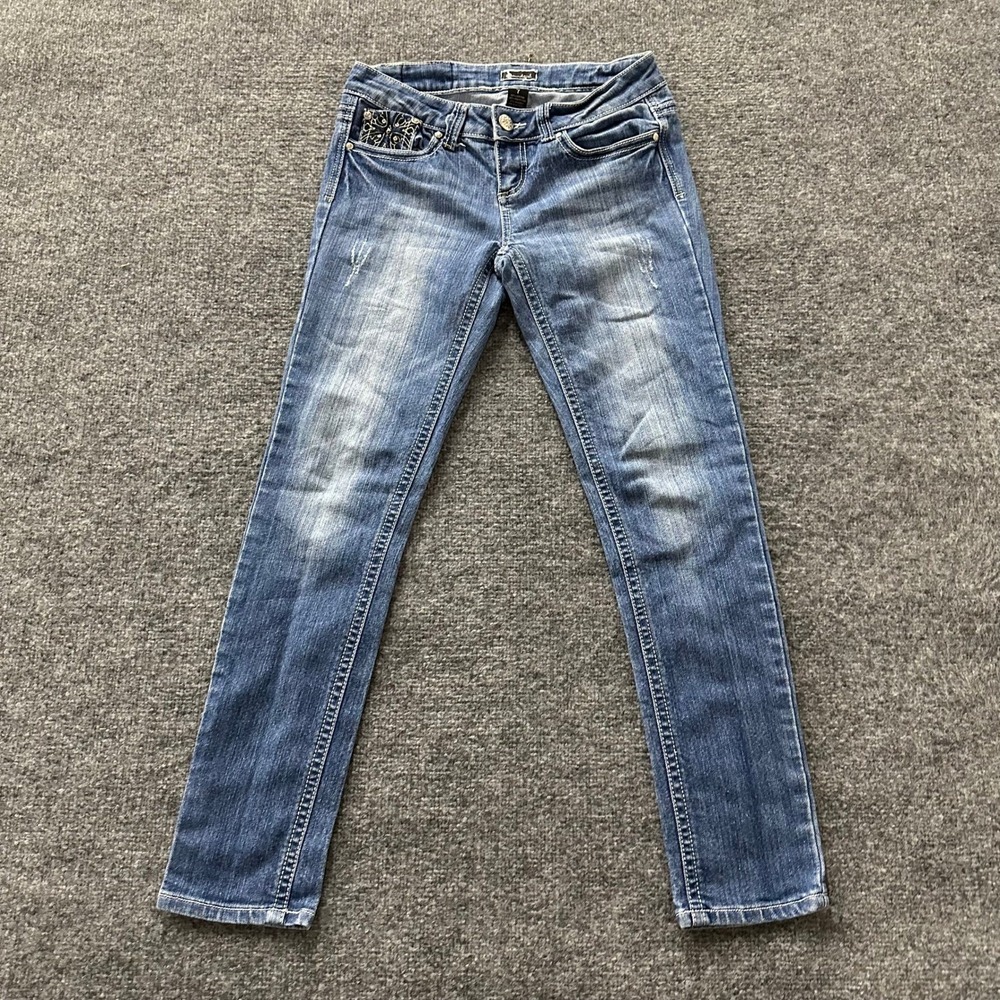 Soundgirl Jeans Girls Size 7 Blue Skinny Embellished Rhinestone Low Rise Denim